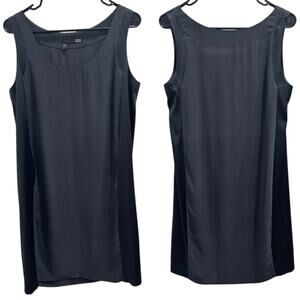 Eileen Fisher Gray Black Silk Georgette Satin Sleeveless Shift Dress Small Luxe